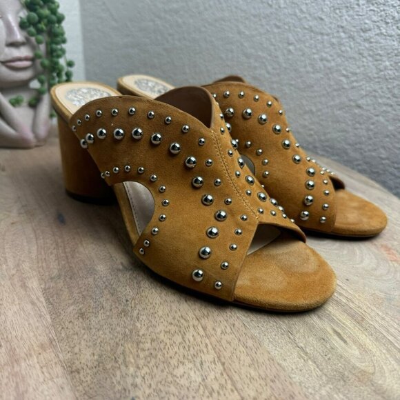 Vince Camuto Jorlyn Studded Leather‎ Block Heel Sandals Size 7M Tan Women Mules - Picture 2 of 11